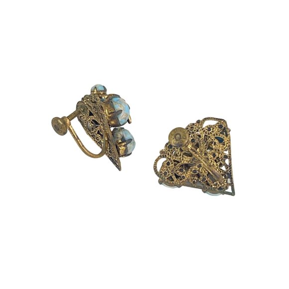 Vintage Czech Brass Turquoise Glass Cabochon Screw Back Earrings 3/4" - Picture 5 of 8